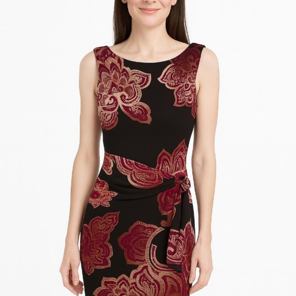 Elegant Red and Black Sheath Midi Dress for Cocktail